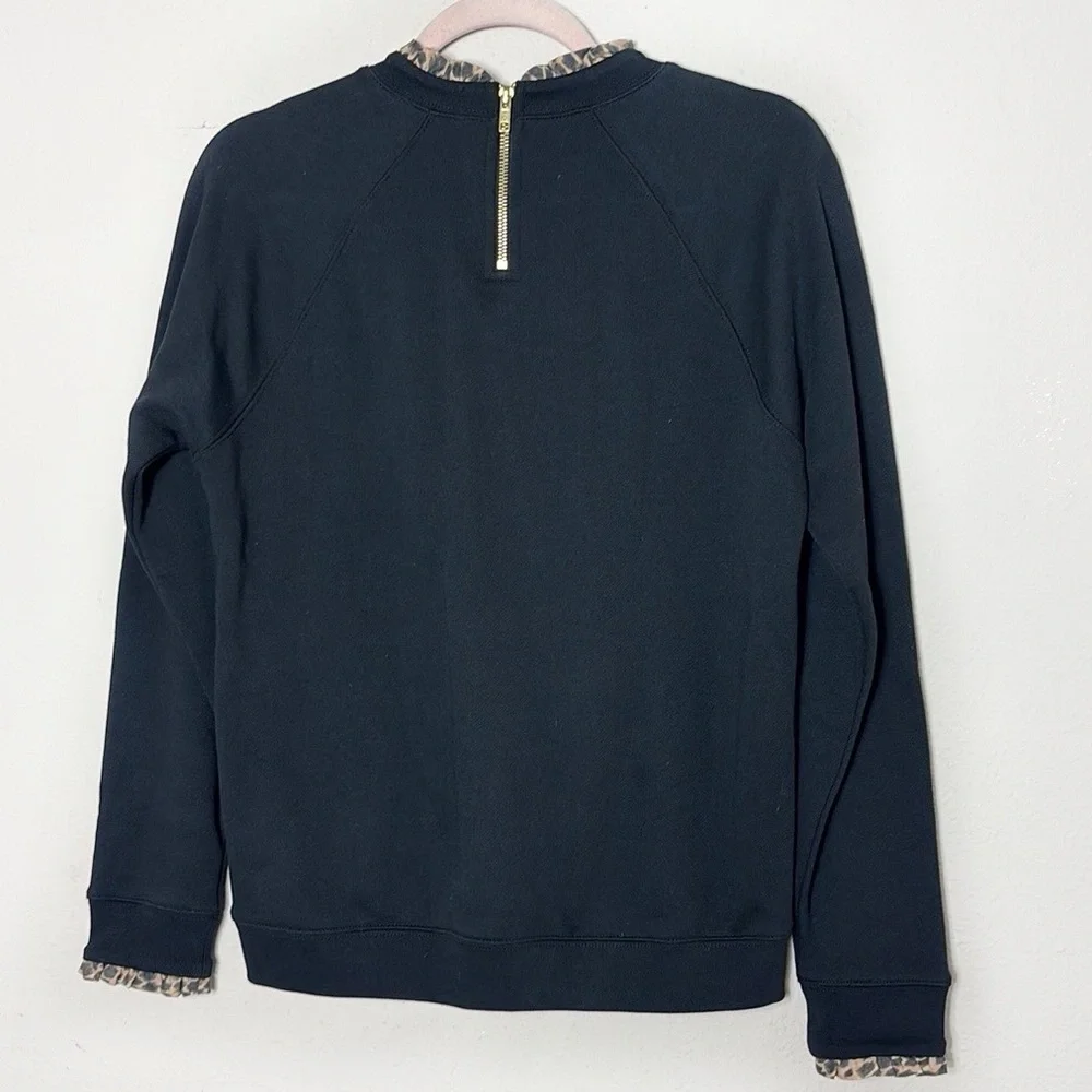 J. Crew Woven ruffleneck pullover sweatshirt in black w/cheetah leopard print S
